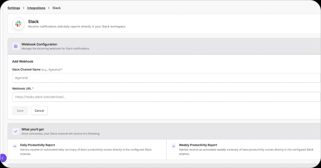 slack integration screen